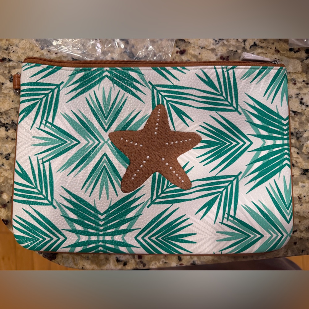 Thirty One Deco Palm Pebble pouch with embroidered Starfish Design